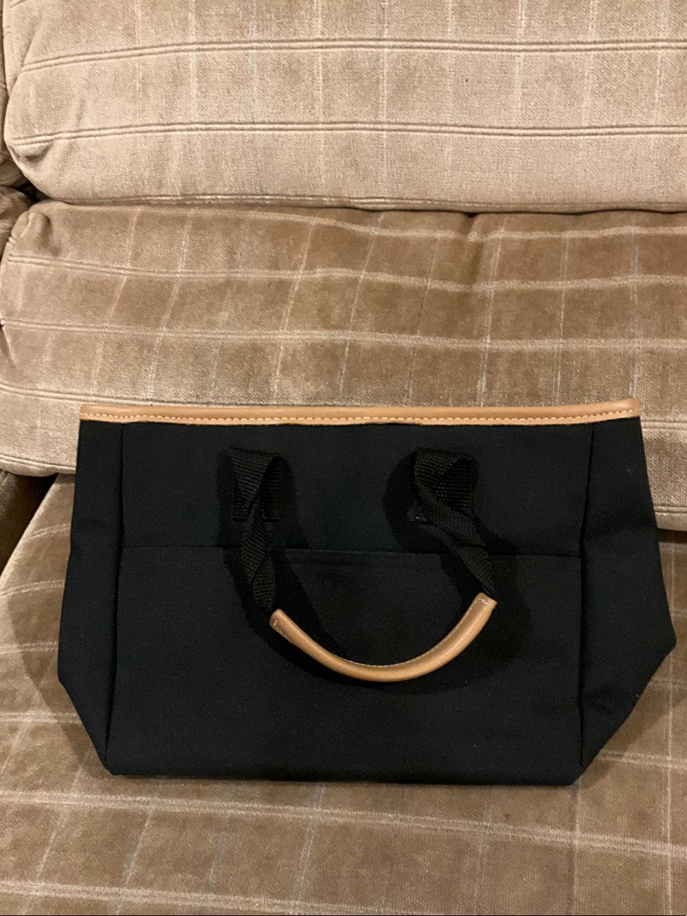 Lillian Vernon Small Nylon Tote Black with Tan leather rolled Handles & trim